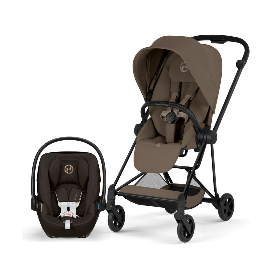 Cybex Platinum Mios 5 Matte Black + Coconut Brown Lux Seat stroller with Cloud G Pro Chocolate Brown infant car seat bundle