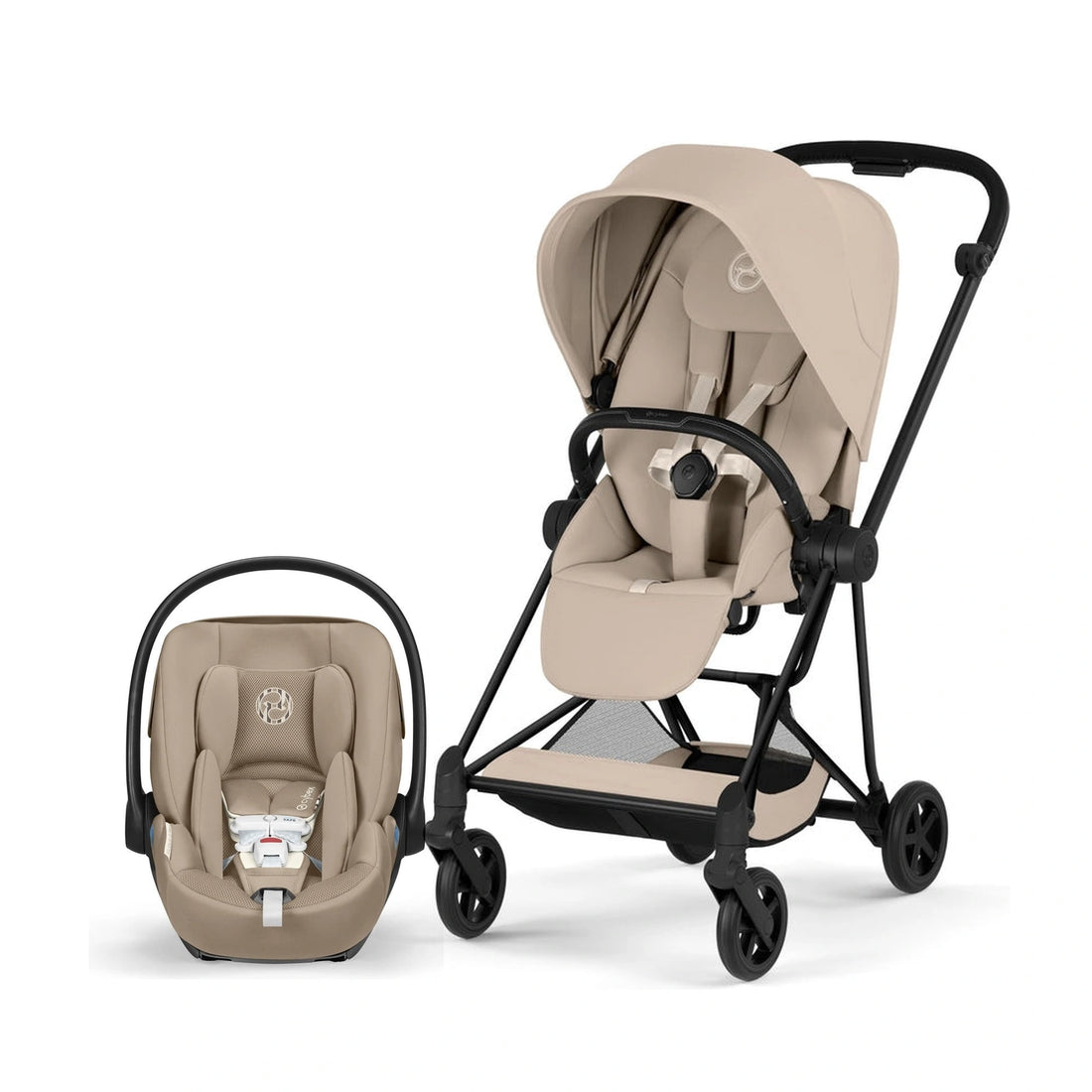 Cybex Platinum Mios 5 Matte Black + Cozy Beige Lux Seat stroller with Cloud G Pro Almond Beige infant car seat bundle