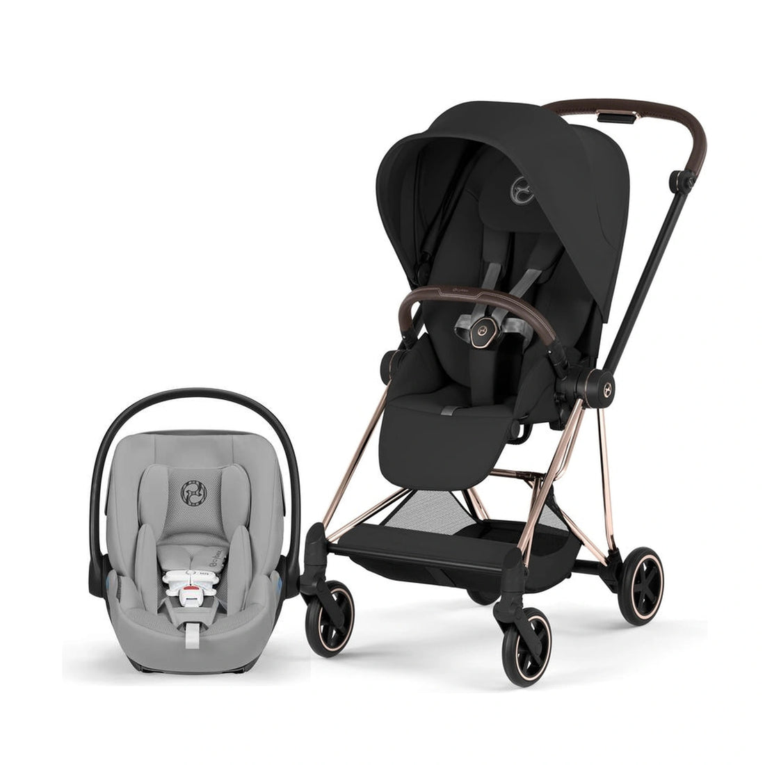 Cybex Platinum Mios 5 Rose Gold + Sepia Black Lux Seat stroller with Cloud G Pro Stone Grey infant car seat bundle