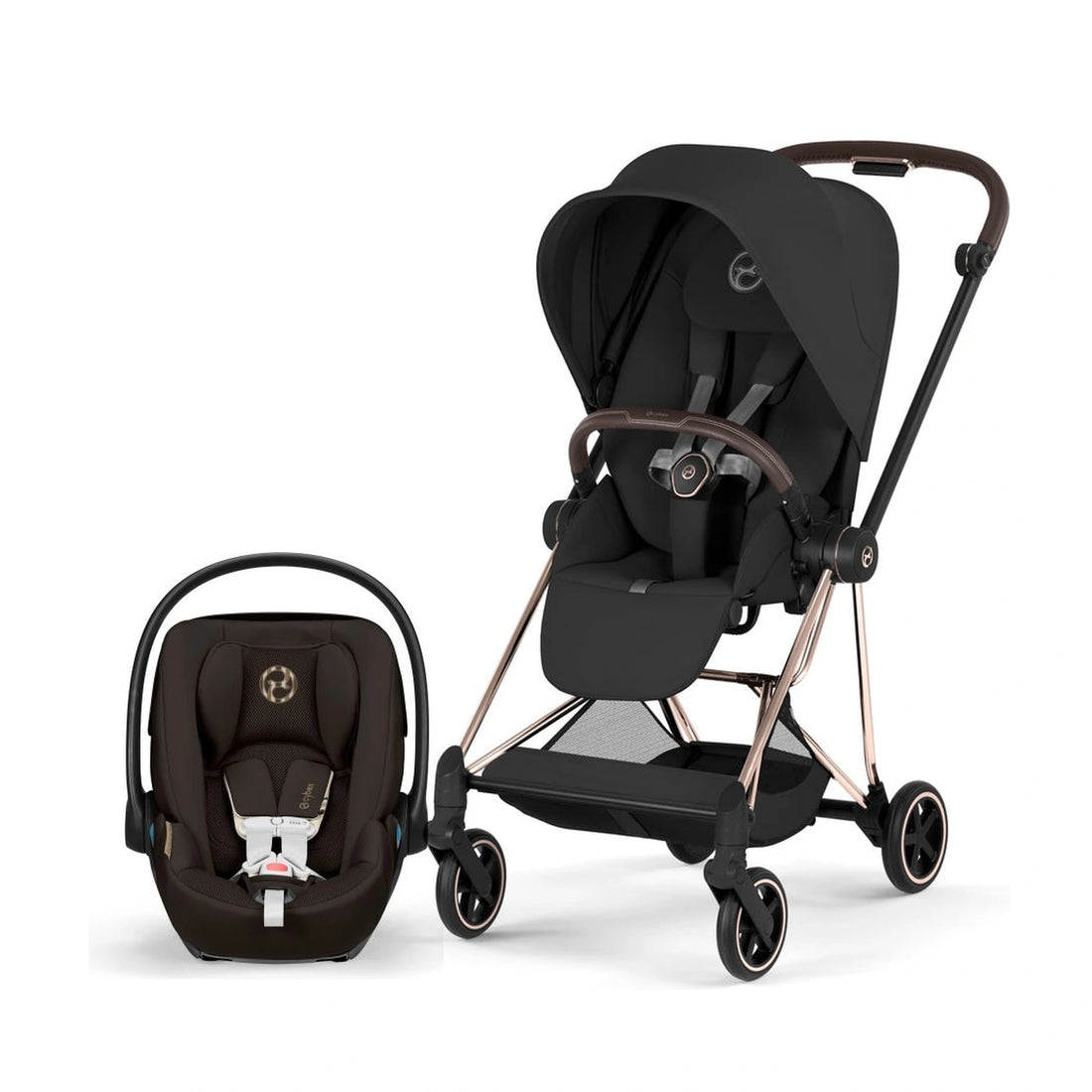 Cybex Platinum Mios 5 Rose Gold + Sepia Black Lux Seat stroller with Cloud G Pro Chocolate Brown infant car seat bundle
