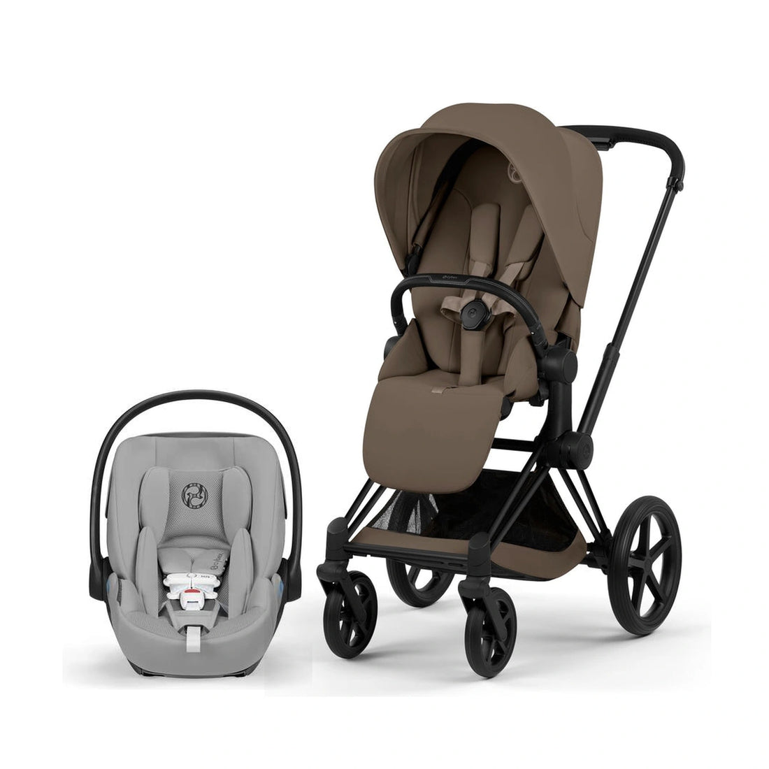 Cybex Platinum Priam 5 Matte Black / Coconut Brown Lux Seat stroller with Cloud G Pro Stone Grey infant car seat bundle