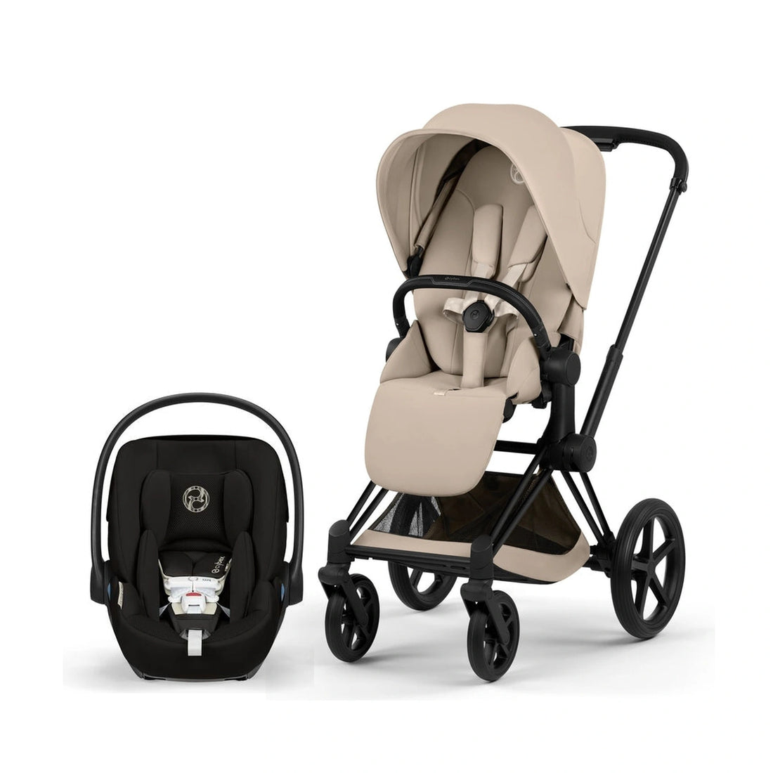 Cybex Platinum Priam 5 Matte Black / Cozy Beige Lux Seat stroller with Cloud G Pro Moon Black infant car seat bundle