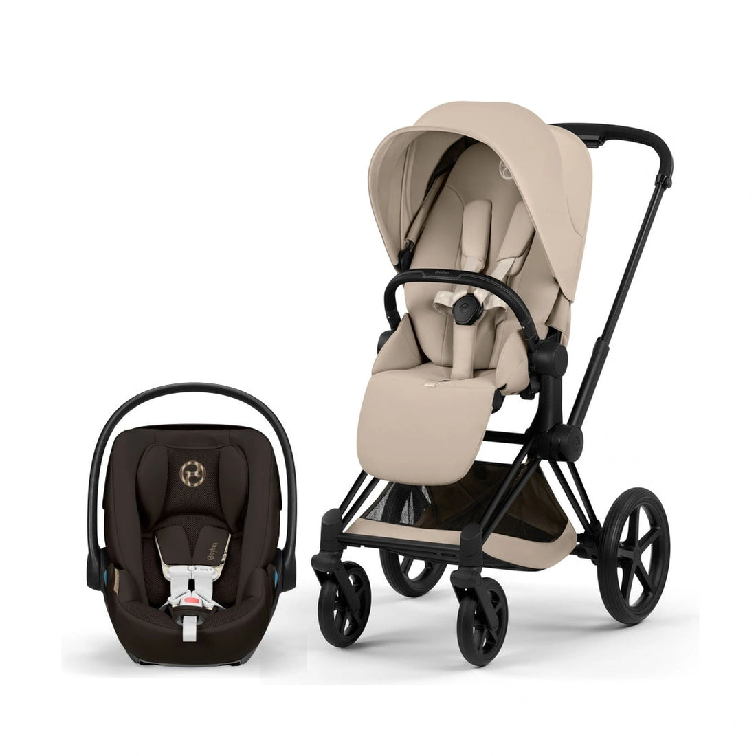 Cybex Platinum Priam 5 Matte Black / Cozy Beige Lux Seat stroller with Cloud G Pro Chocolate Brown infant car seat bundle