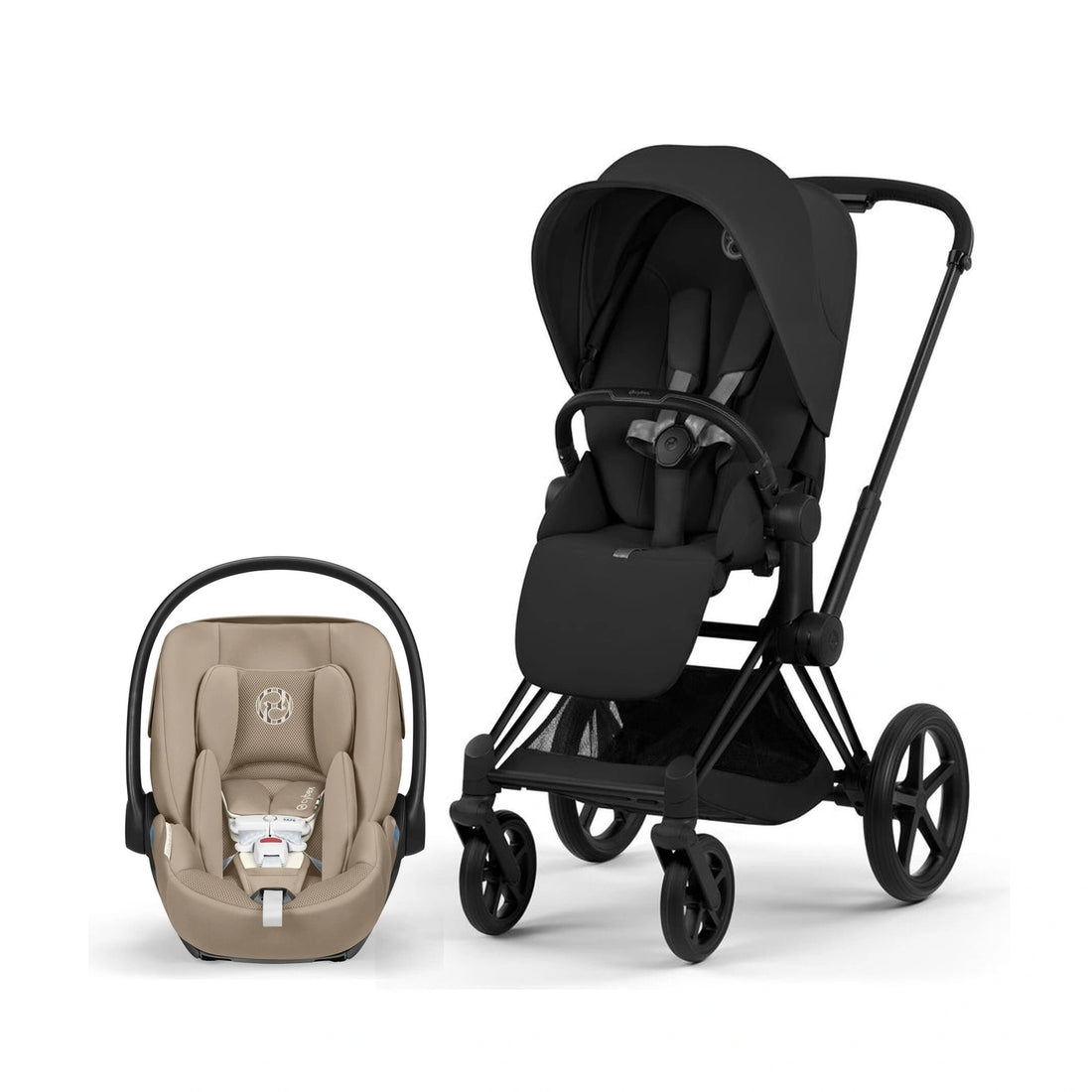 Cybex Platinum Priam 5 Matte Black / Sepia Black Lux Seat stroller with Cloud G Pro Almond Beige infant car seat bundle