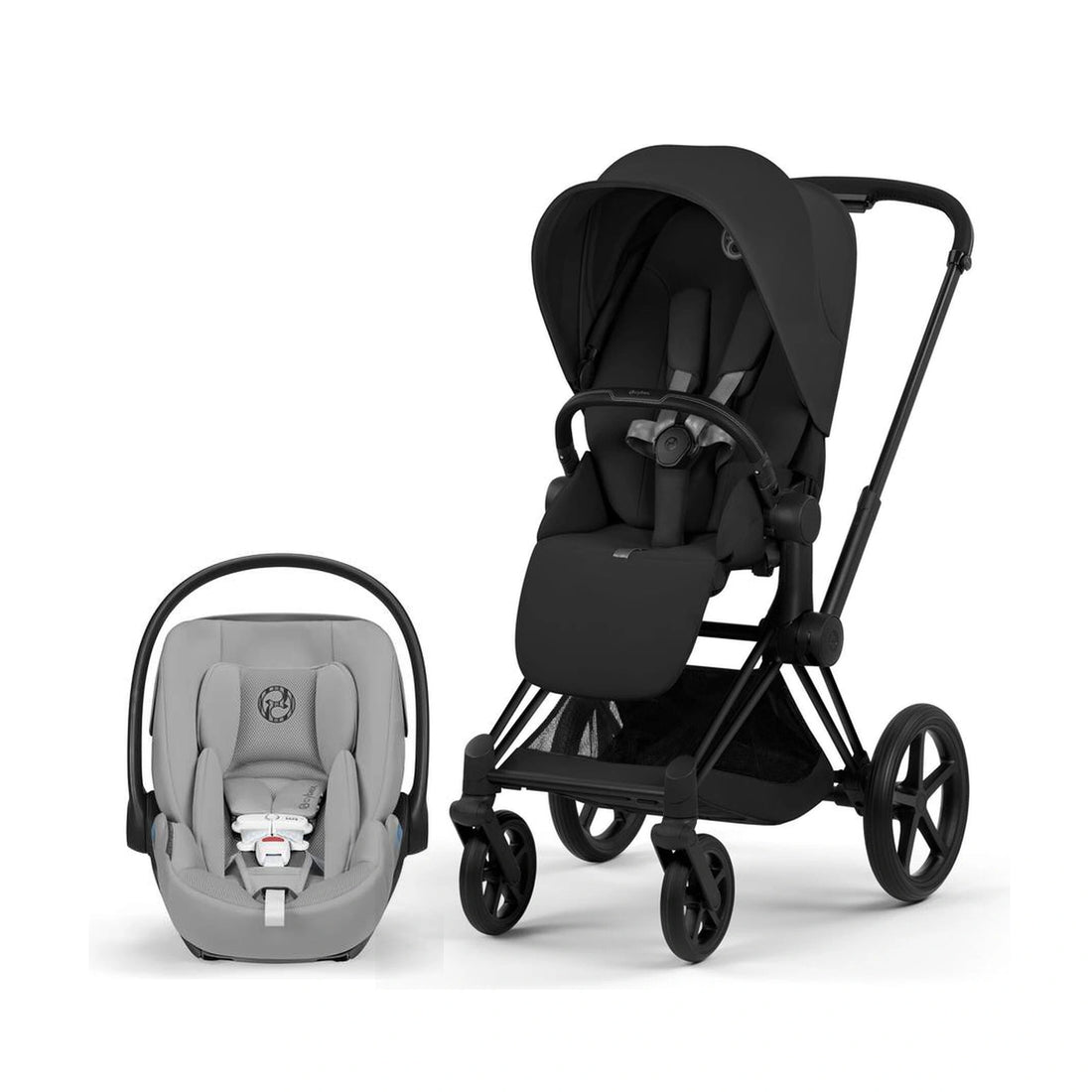 Cybex Platinum Priam 5 Matte Black / Sepia Black Lux Seat stroller with Cloud G Pro Stone Grey infant car seat bundle