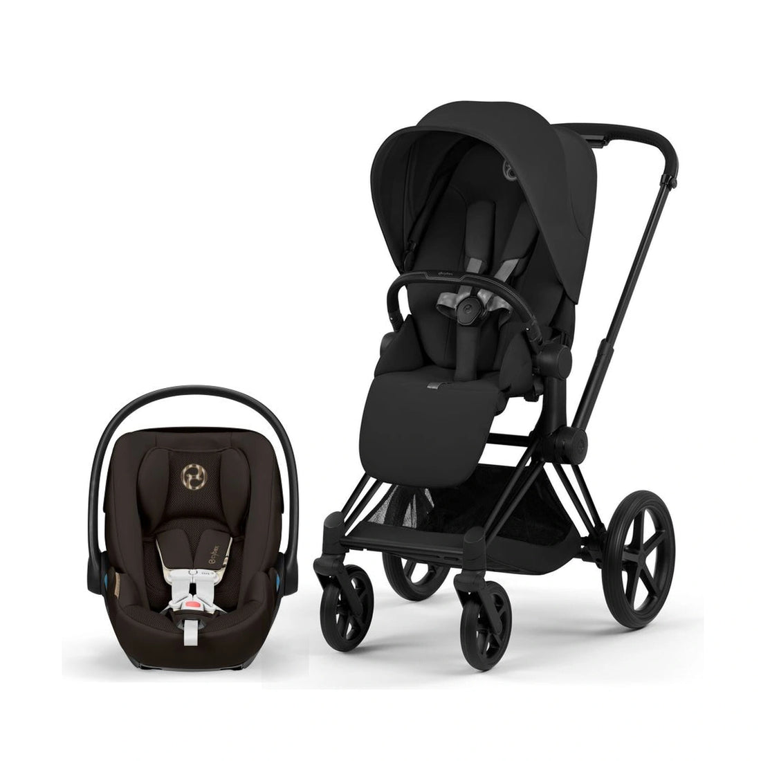 Cybex Platinum Priam 5 Matte Black / Sepia Black Lux Seat stroller with Cloud G Pro Chocolate Brown infant car seat bundle