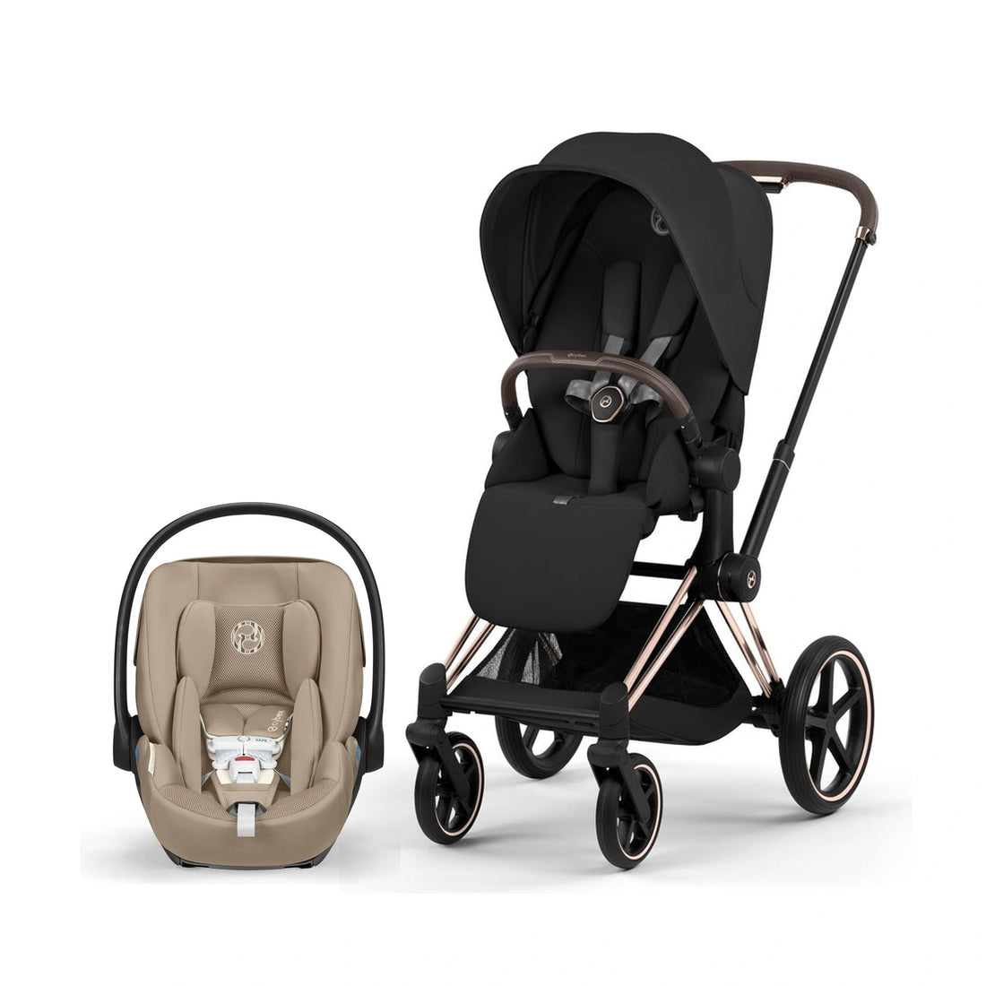 Cybex Platinum Priam 5 Rose Gold / Sepia Black Lux Seat stroller with Cloud G Pro Almond Beige infant car seat bundle