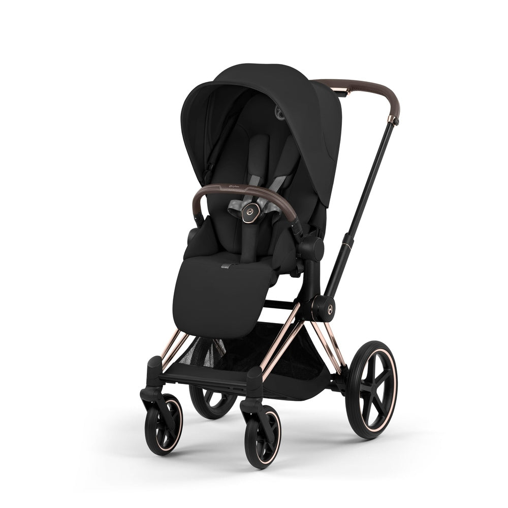 Cybex Platinum Priam 5 Luxury Stroller in sepia black with rose gold frame, front three-quarter view.