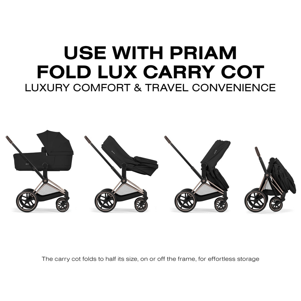 Cybex Platinum Priam 5 Luxury Stroller use with Priam Fold Lux Carry Cot shown across four travel configurations.