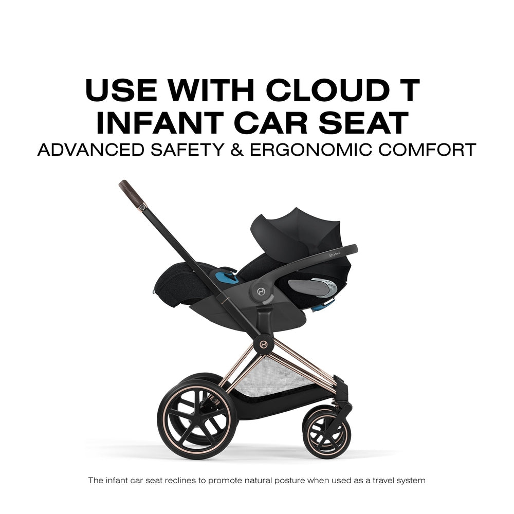 Cybex Platinum Priam 5 Luxury Stroller configured as a travel system with a Cloud T infant car seat.
