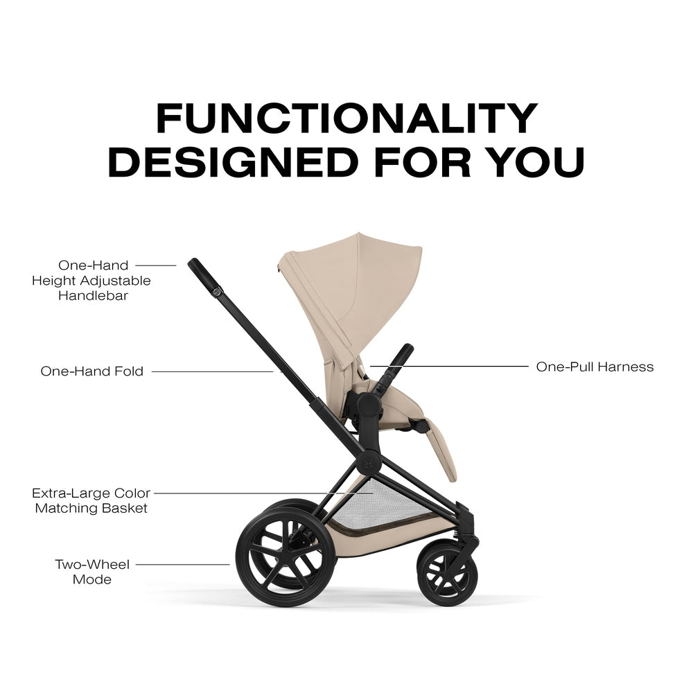 Cybex Platinum Priam 5 Luxury Stroller functionality feature graphic in light beige with frame and basket callouts.