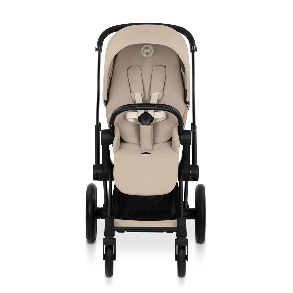 Cybex Platinum Priam 5 Luxury Stroller in light beige, straight-on front view with canopy open.