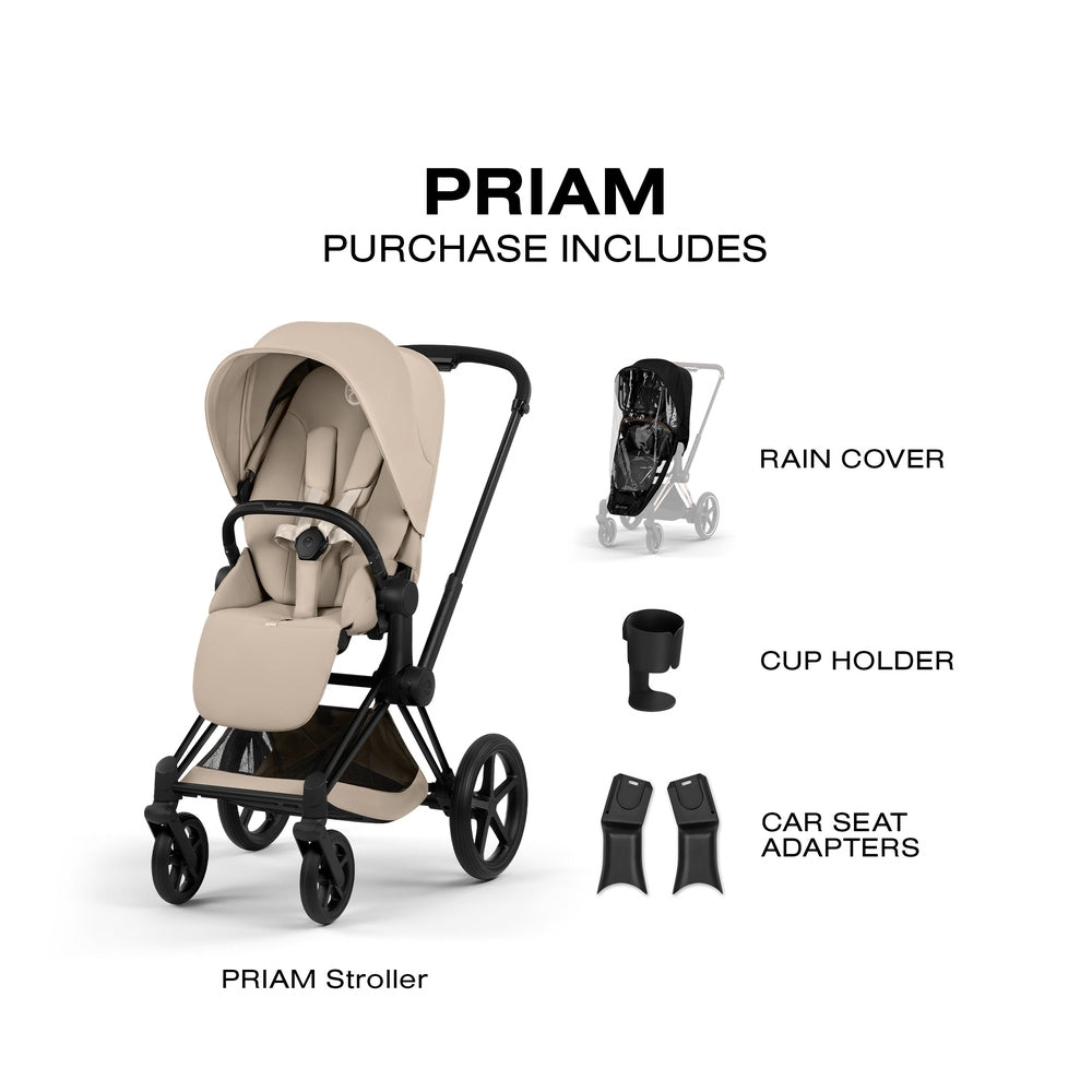 Cybex Platinum Priam 5 Luxury Stroller purchase-includes graphic in light beige with rain cover, cup holder, and car seat adapters.