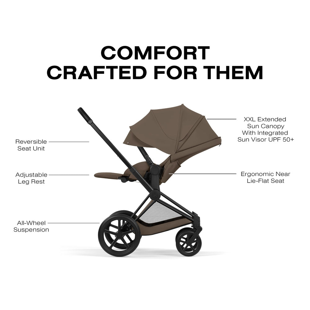 Cybex Platinum Priam 5 Luxury Stroller comfort feature graphic in warm taupe beige with canopy and leg rest callouts.