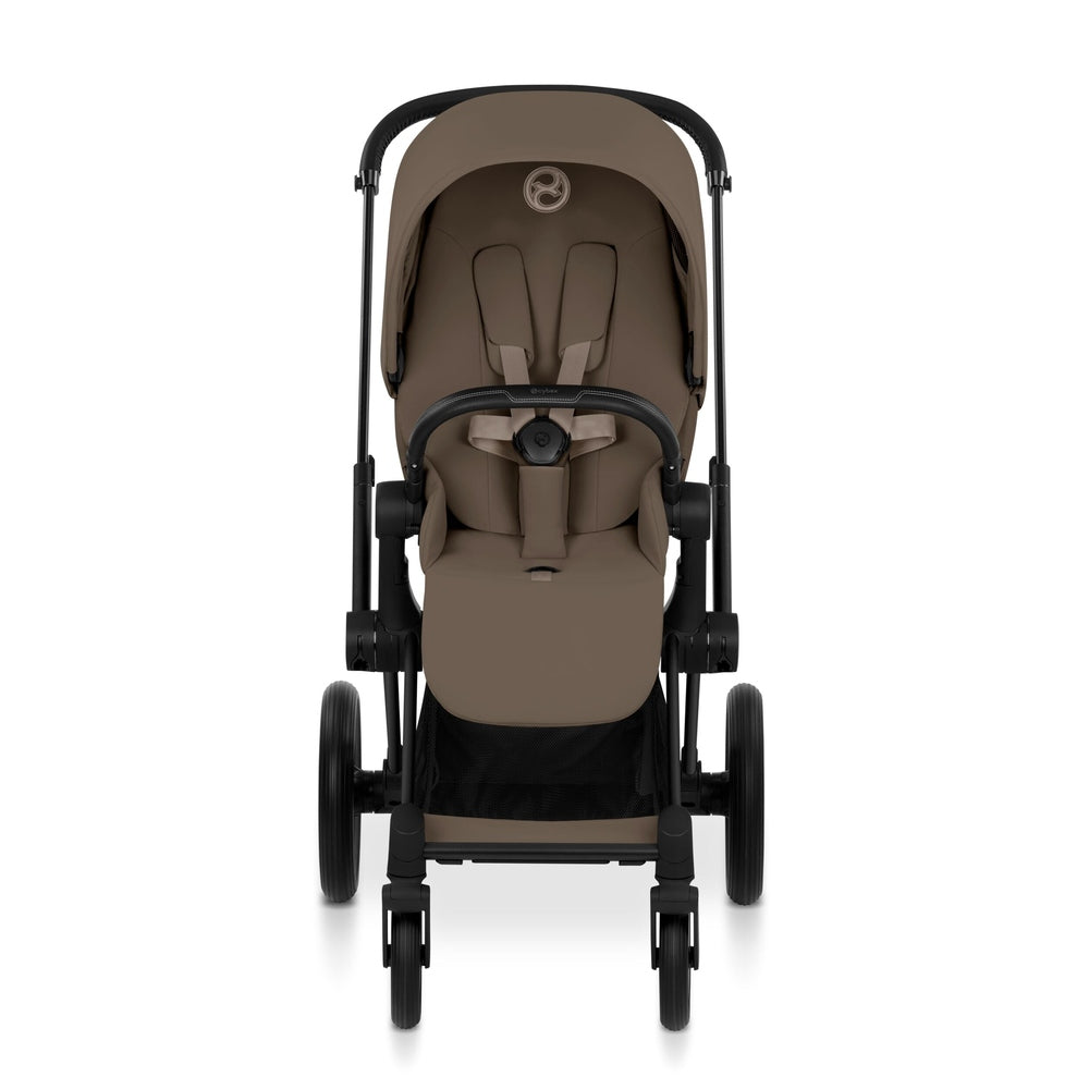 Cybex Platinum Priam 5 Luxury Stroller in warm taupe beige, straight-on front view with canopy open.