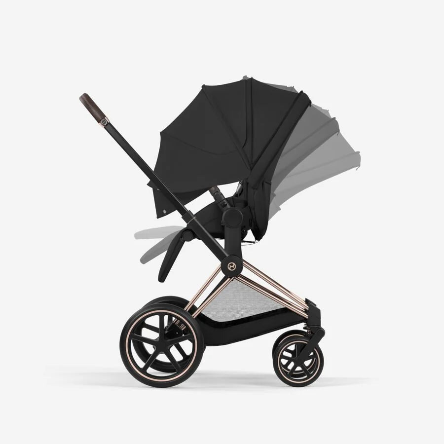 An image of the CYBEX Platinum Priam Stroller, highlighting the Ergonomic Near-Flat with XXL Extendable Canopy feature.