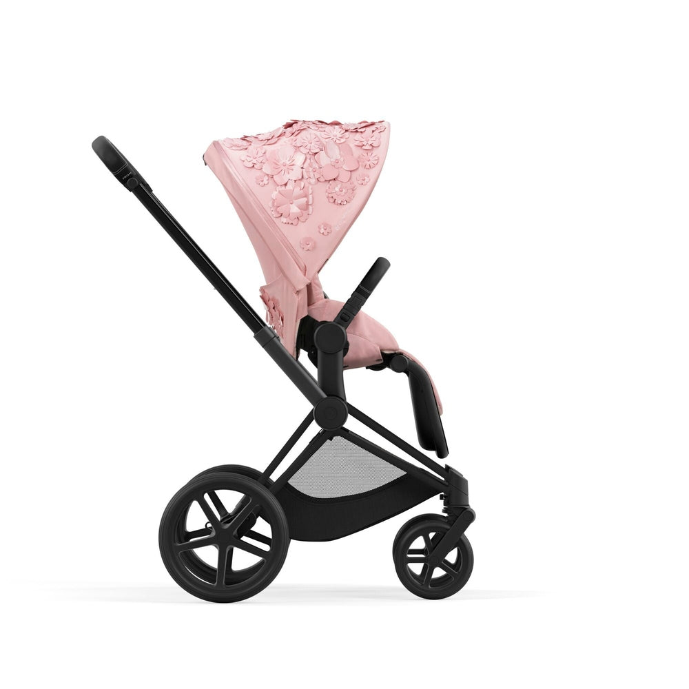 Studio product image of the Cybex Platinum Priam 4 Luxury Stroller Limited Edition in Simply Flowers Pink front view on white background.