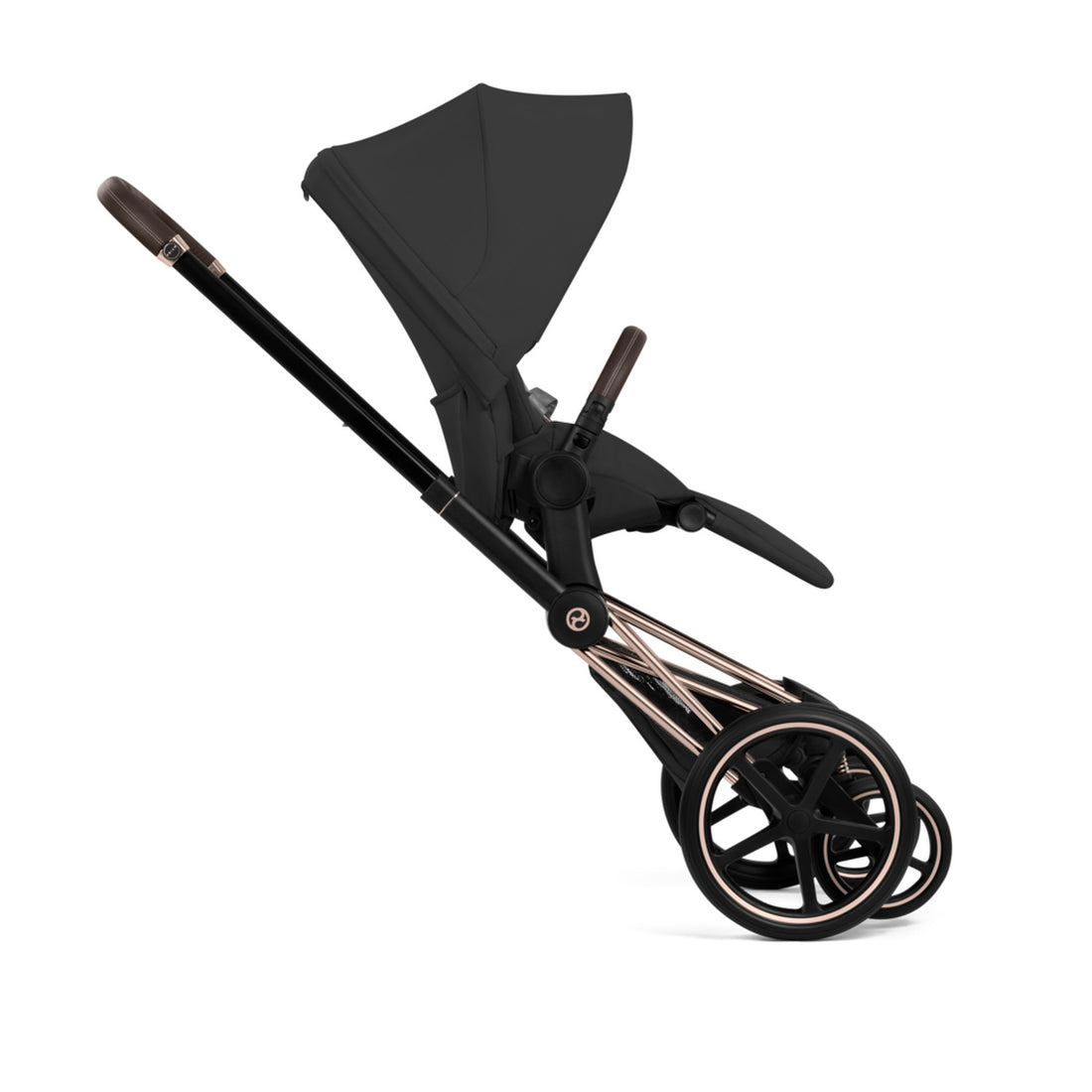 An image of the CYBEX Platinum Priam Stroller, highlighting the Two-Wheel Mode feature.
