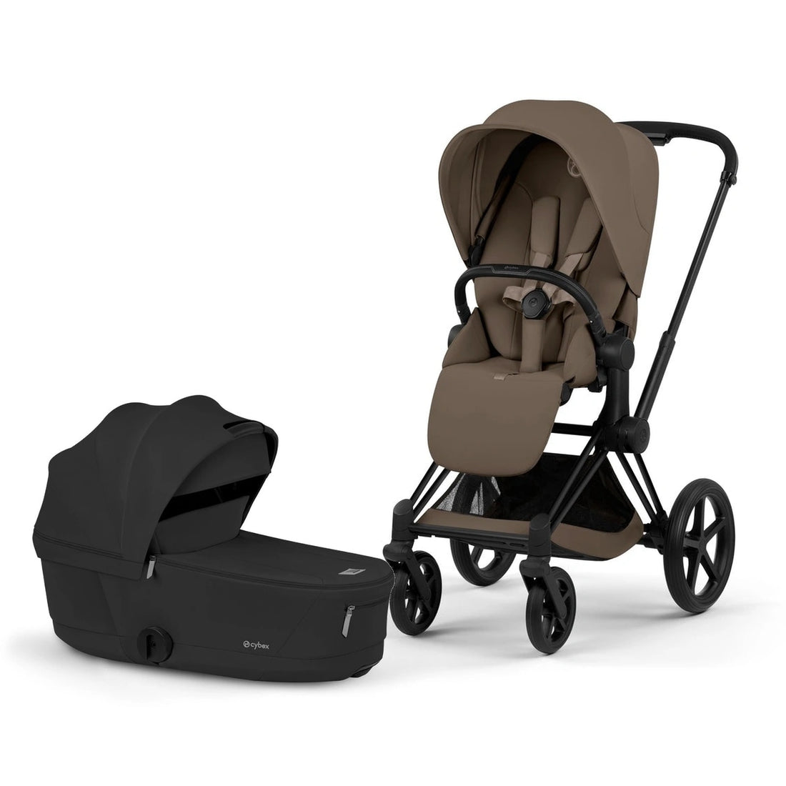 CYBEX Priam 5 bundle — Matte Black / Coconut Brown Lux Seat and Sepia Black Fold Lux Carry Cot
