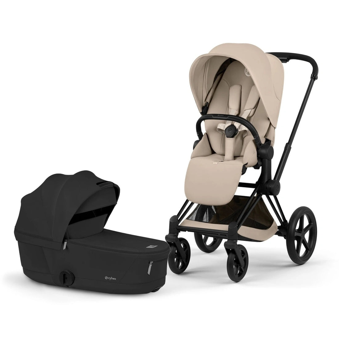 CYBEX Priam 5 bundle — Matte Black / Cozy Beige Lux Seat and Sepia Black Fold Lux Carry Cot