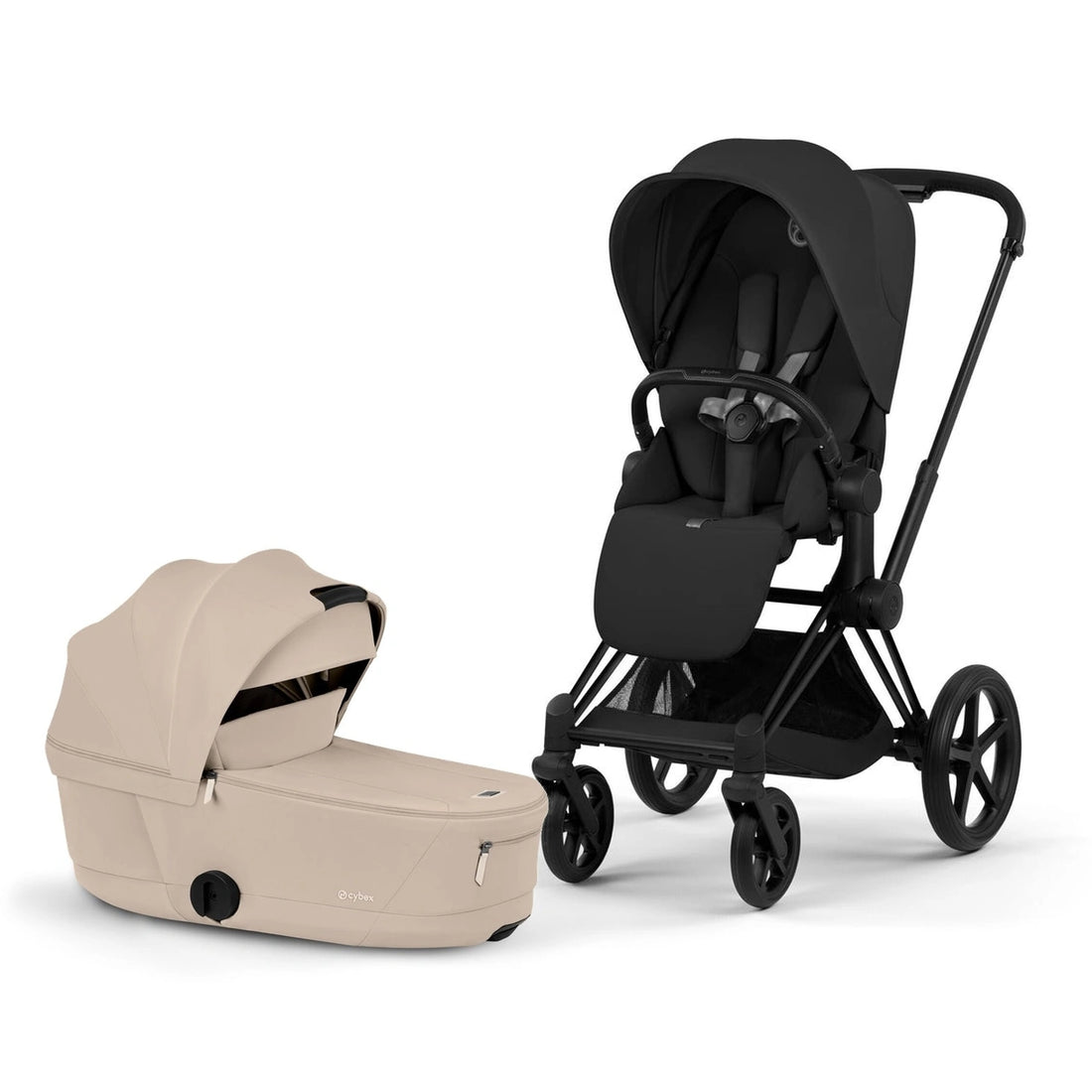 CYBEX Priam 5 bundle — Matte Black / Sepia Black Lux Seat and Cozy Beige Fold Lux Carry Cot