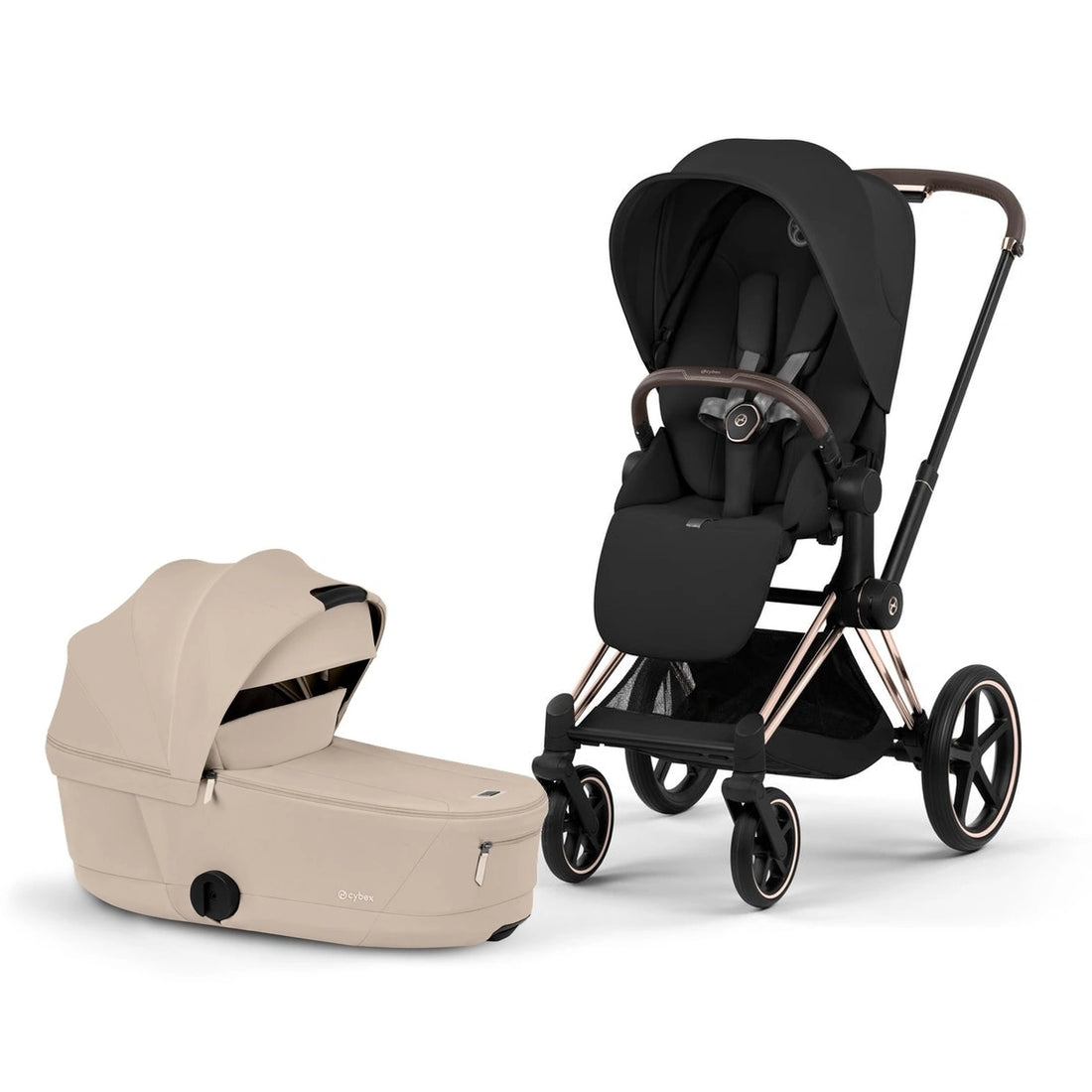 CYBEX Priam 5 bundle — Rose Gold / Sepia Black Lux Seat and Cozy Beige Fold Lux Carry Cot