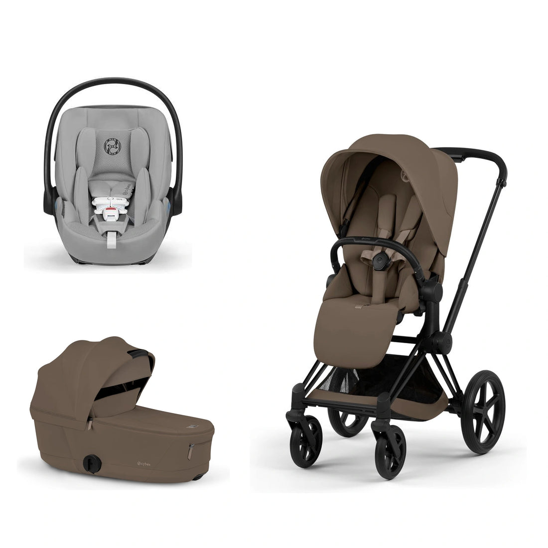 CYBEX Priam 5 Matte Black / Coconut Brown Lux Seat, Coconut Brown Fold Lux Carry Cot and Stone Grey Cloud G Pro bundle