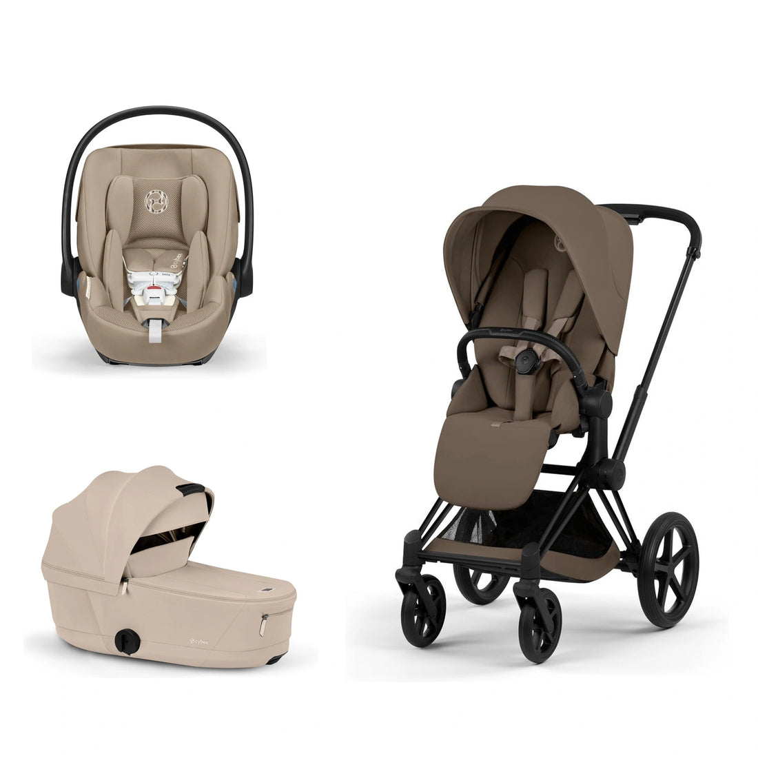CYBEX Priam 5 Matte Black / Coconut Brown Lux Seat, Cozy Beige Fold Lux Carry Cot and Almond Beige Cloud G Pro bundle