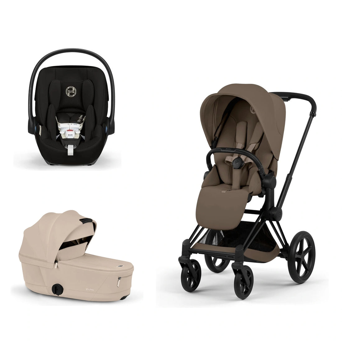 CYBEX Priam 5 Matte Black / Coconut Brown Lux Seat, Cozy Beige Fold Lux Carry Cot and Moon Black Cloud G Pro bundle