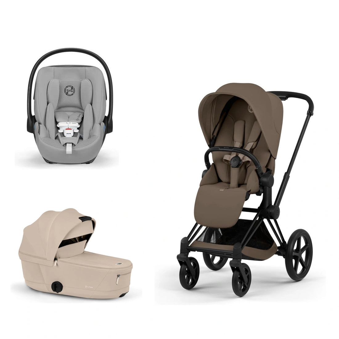 CYBEX Priam 5 Matte Black / Coconut Brown Lux Seat, Cozy Beige Fold Lux Carry Cot and Stone Grey Cloud G Pro bundle