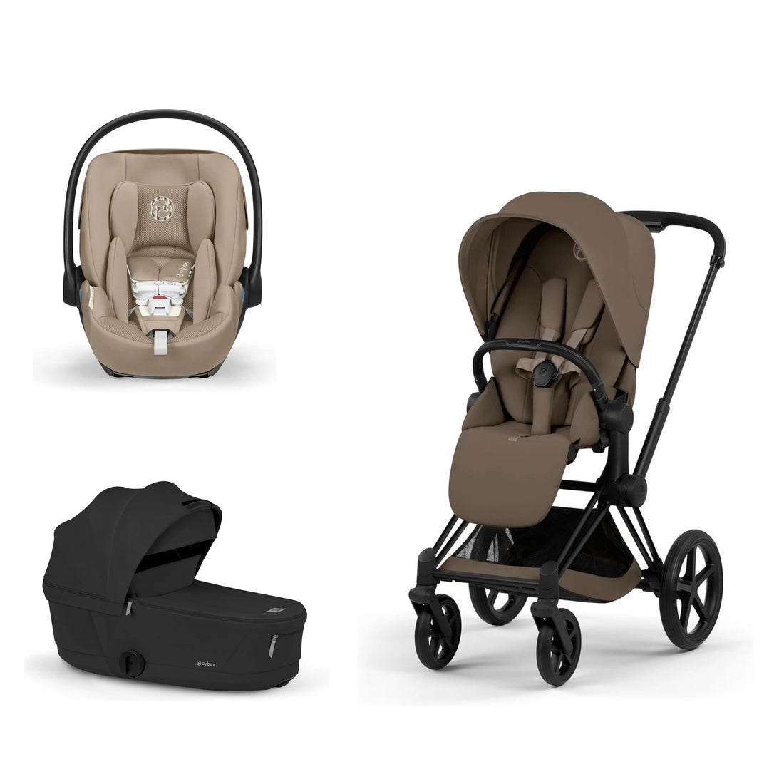CYBEX Priam 5 Matte Black / Coconut Brown Lux Seat, Sepia Black Fold Lux Carry Cot and Almond Beige Cloud G Pro bundle