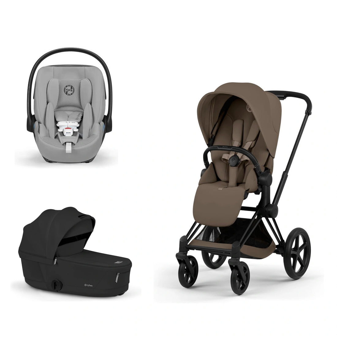 CYBEX Priam 5 Matte Black / Coconut Brown Lux Seat, Sepia Black Fold Lux Carry Cot and Stone Grey Cloud G Pro bundle