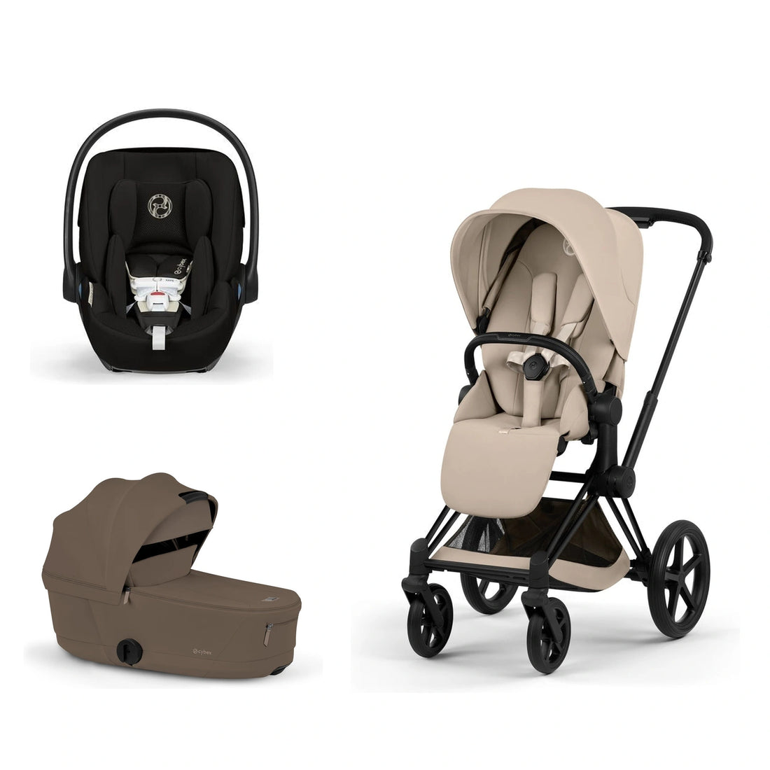 CYBEX Priam 5 Matte Black / Cozy Beige Lux Seat, Coconut Brown Fold Lux Carry Cot and Moon Black Cloud G Pro bundle