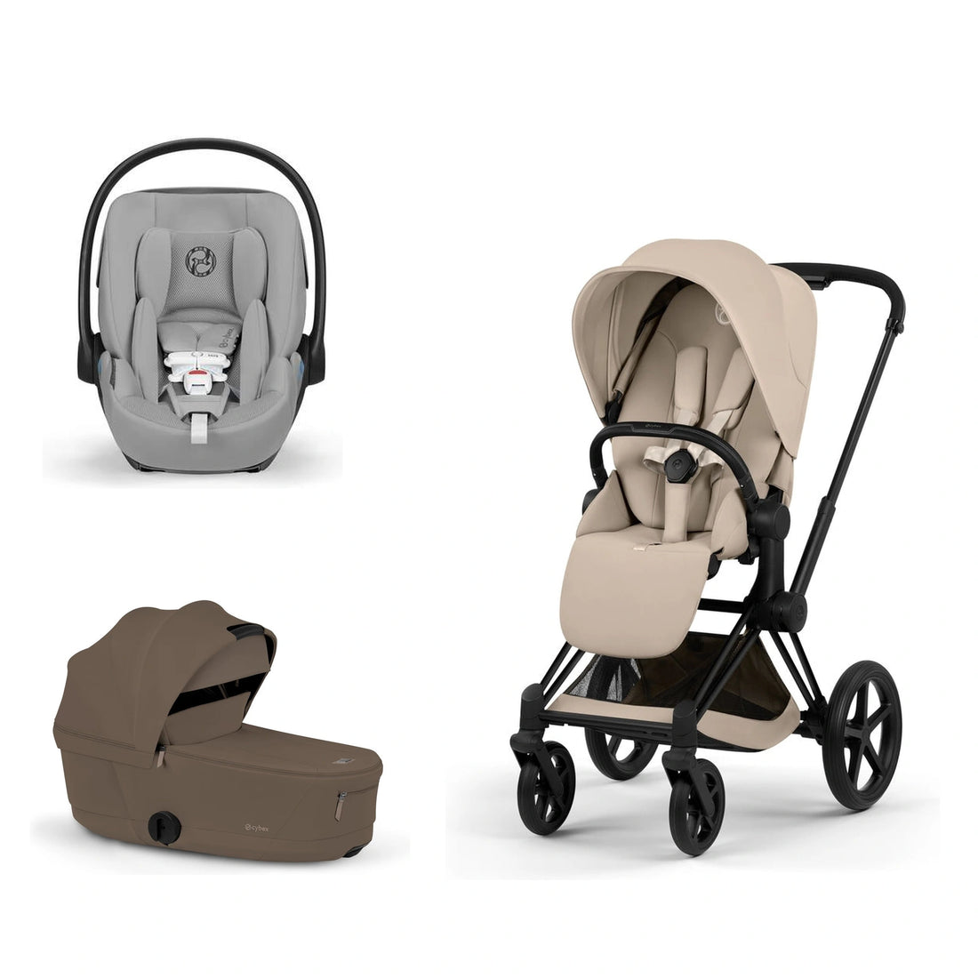 CYBEX Priam 5 Matte Black / Cozy Beige Lux Seat, Coconut Brown Fold Lux Carry Cot and Stone Grey Cloud G Pro bundle