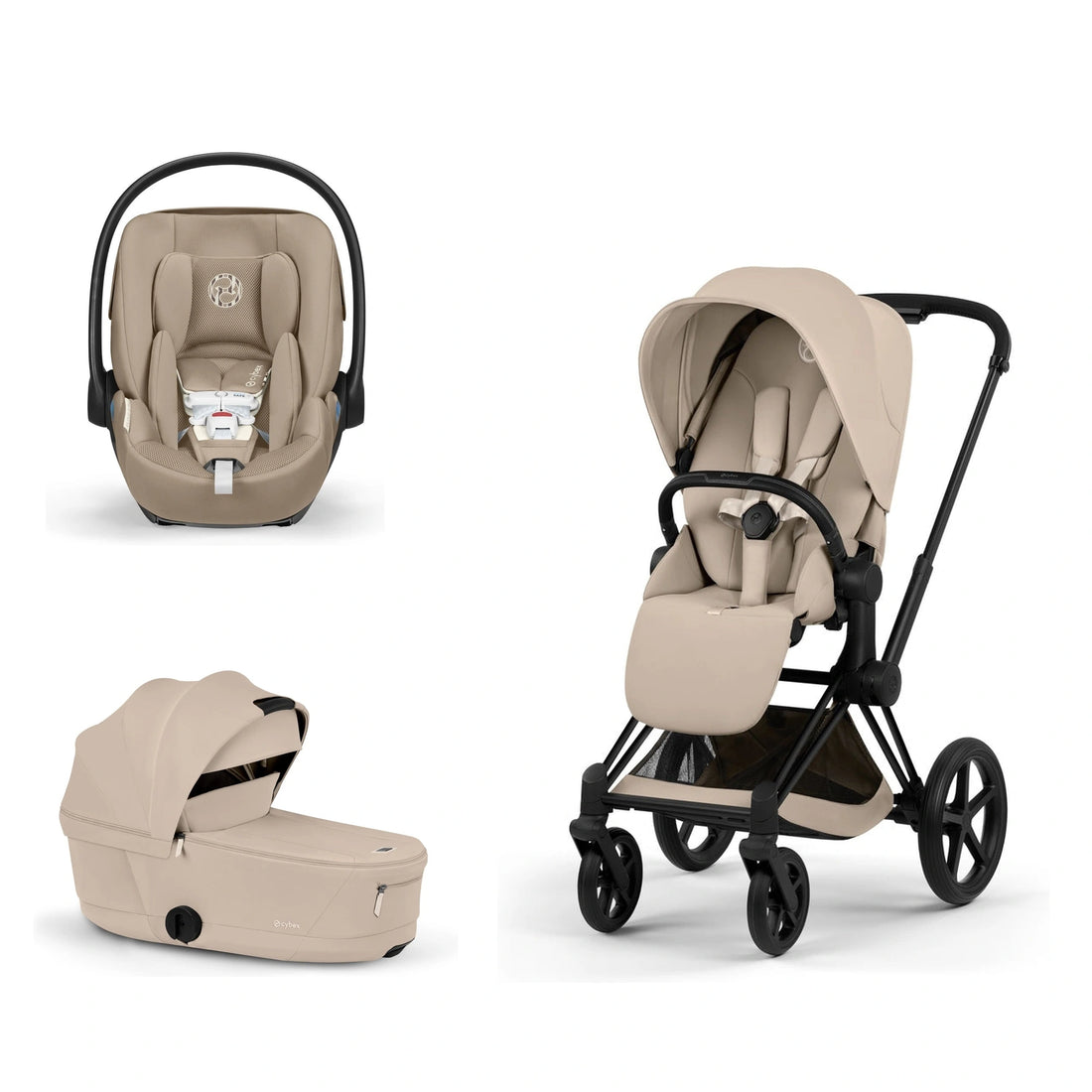 CYBEX Priam 5 Matte Black / Cozy Beige Lux Seat, Cozy Beige Fold Lux Carry Cot and Almond Beige Cloud G Pro bundle
