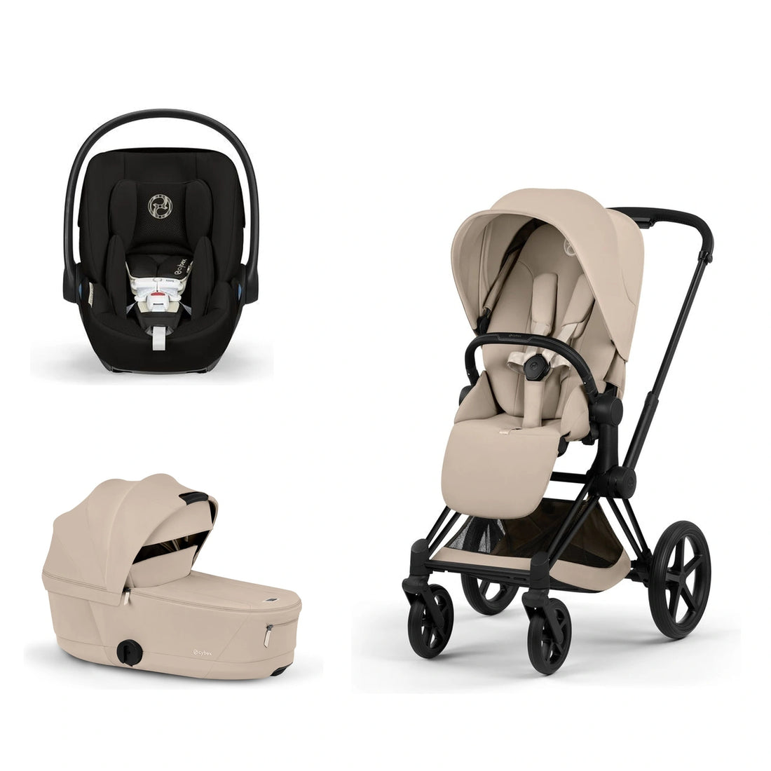 CYBEX Priam 5 Matte Black / Cozy Beige Lux Seat, Cozy Beige Fold Lux Carry Cot and Moon Black Cloud G Pro bundle