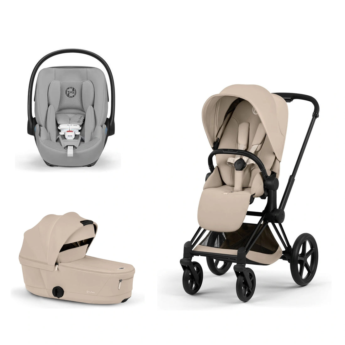 CYBEX Priam 5 Matte Black / Cozy Beige Lux Seat, Cozy Beige Fold Lux Carry Cot and Stone Grey Cloud G Pro bundle