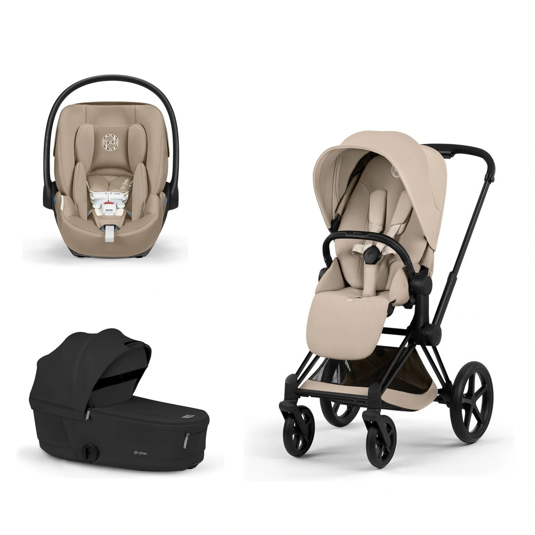 CYBEX Priam 5 Matte Black / Cozy Beige Lux Seat, Sepia Black Fold Lux Carry Cot and Almond Beige Cloud G Pro bundle