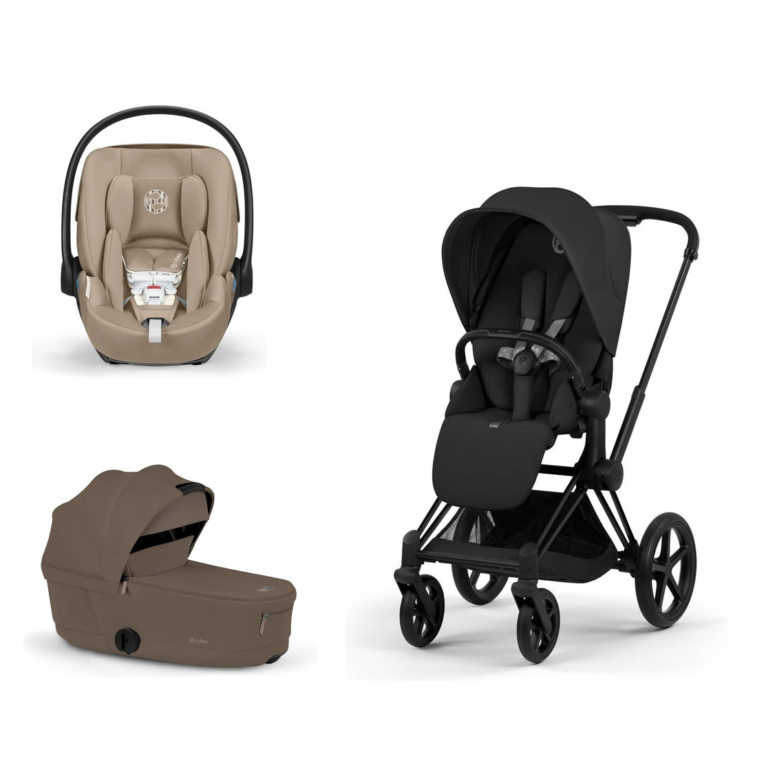 CYBEX Priam 5 Matte Black / Sepia Black Lux Seat, Coconut Brown Fold Lux Carry Cot and Almond Beige Cloud G Pro bundle