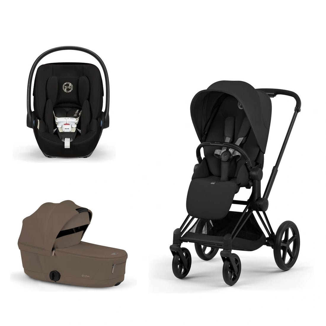 CYBEX Priam 5 Matte Black / Sepia Black Lux Seat, Coconut Brown Fold Lux Carry Cot and Moon Black Cloud G Pro bundle