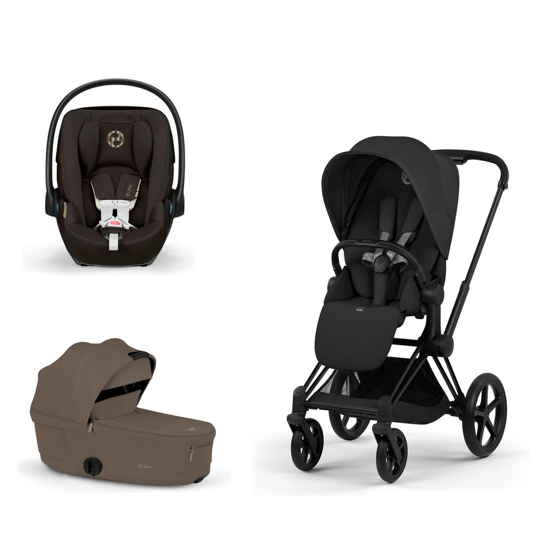 CYBEX Priam 5 Matte Black / Sepia Black Lux Seat, Coconut Brown Fold Lux Carry Cot and Chocolate Brown Cloud G Pro bundle