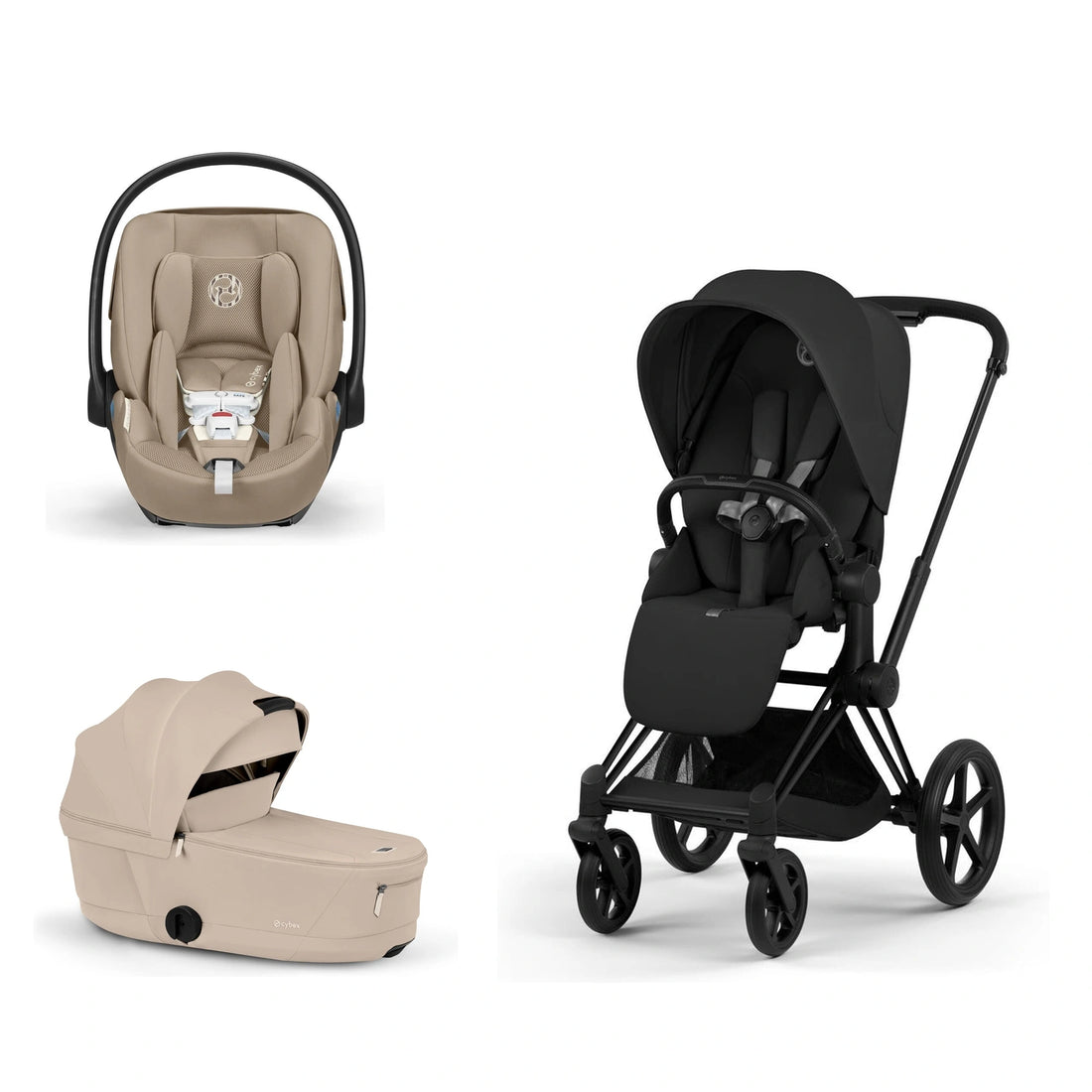 CYBEX Priam 5 Matte Black / Sepia Black Lux Seat, Cozy Beige Fold Lux Carry Cot and Almond Beige Cloud G Pro bundle