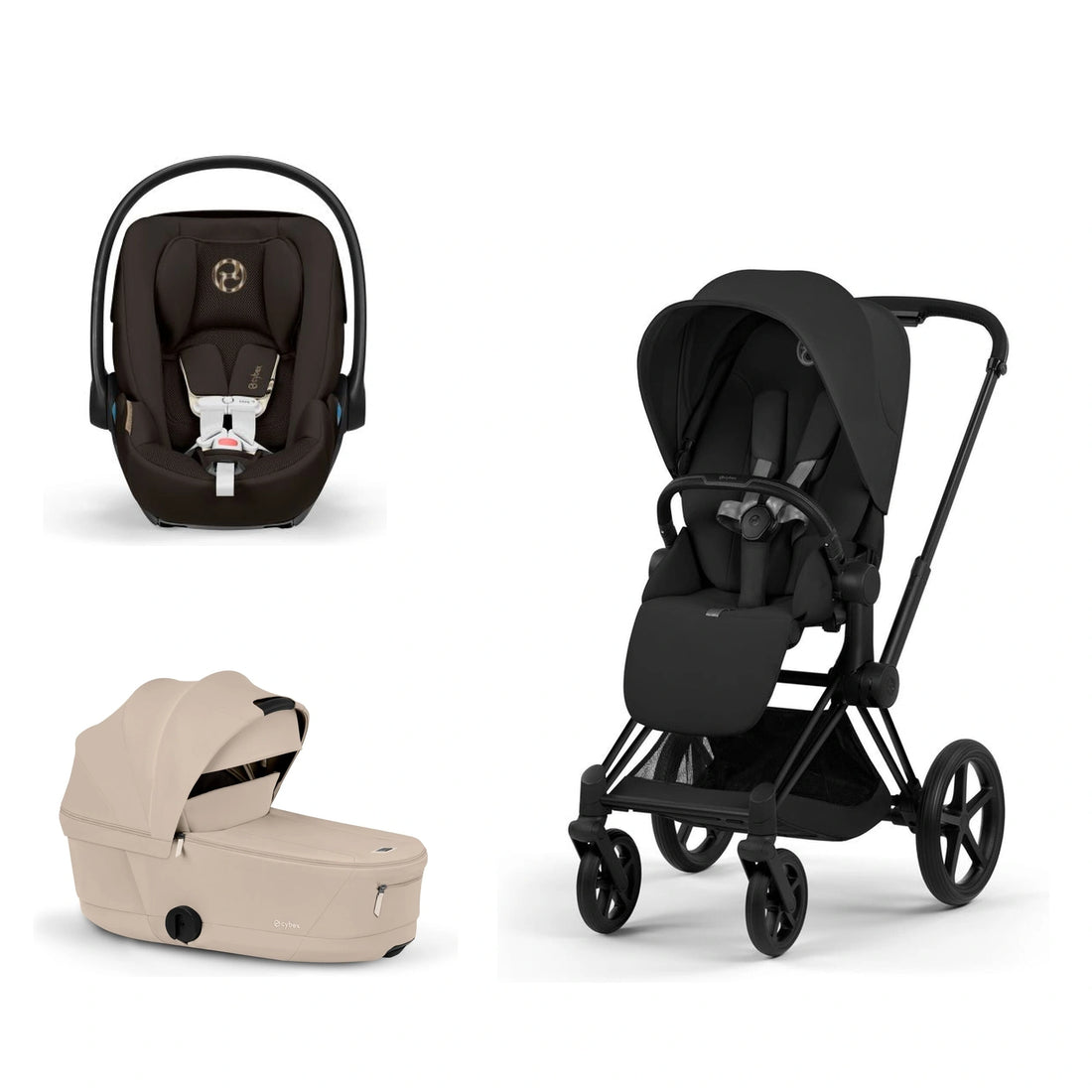 CYBEX Priam 5 Matte Black / Sepia Black Lux Seat, Cozy Beige Fold Lux Carry Cot and Chocolate Brown Cloud G Pro bundle