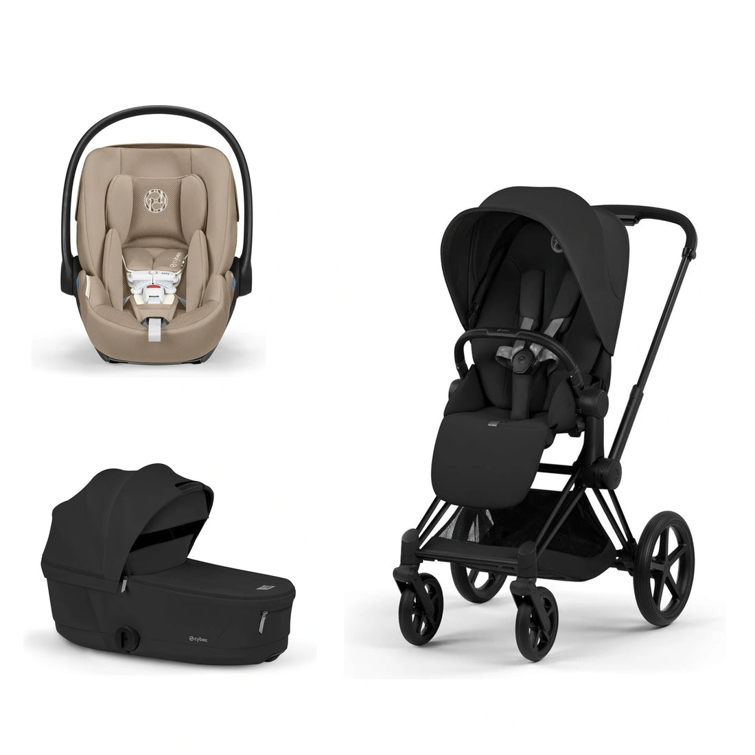 CYBEX Priam 5 Matte Black / Sepia Black Lux Seat, Sepia Black Fold Lux Carry Cot and Almond Beige Cloud G Pro bundle