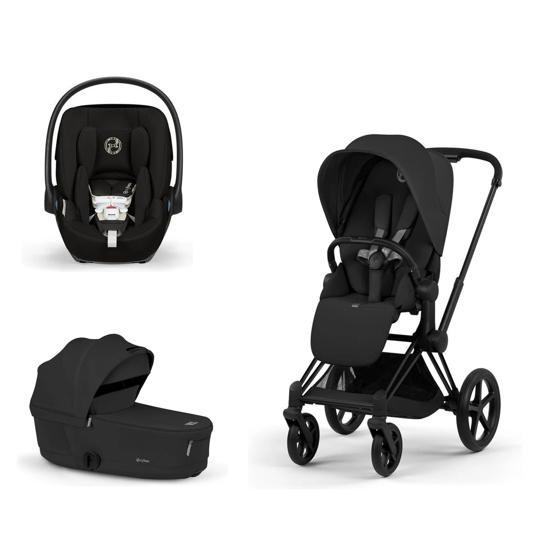 CYBEX Priam 5 Matte Black / Sepia Black Lux Seat, Sepia Black Fold Lux Carry Cot and Moon Black Cloud G Pro bundle
