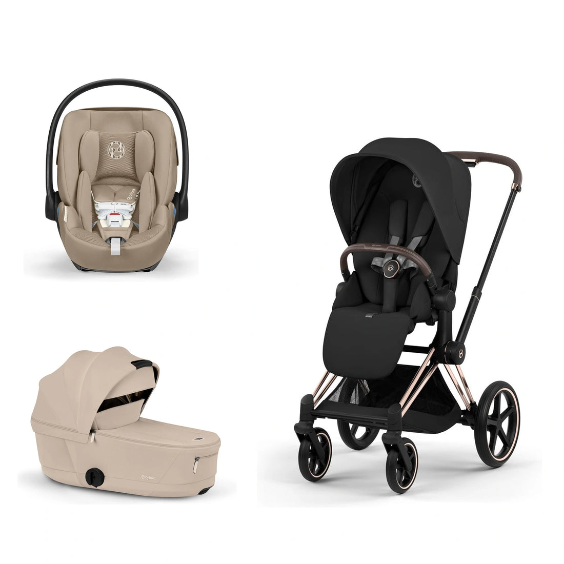 CYBEX Priam 5 Rose Gold / Sepia Black Lux Seat, Cozy Beige Fold Lux Carry Cot and Almond Beige Cloud G Pro bundle