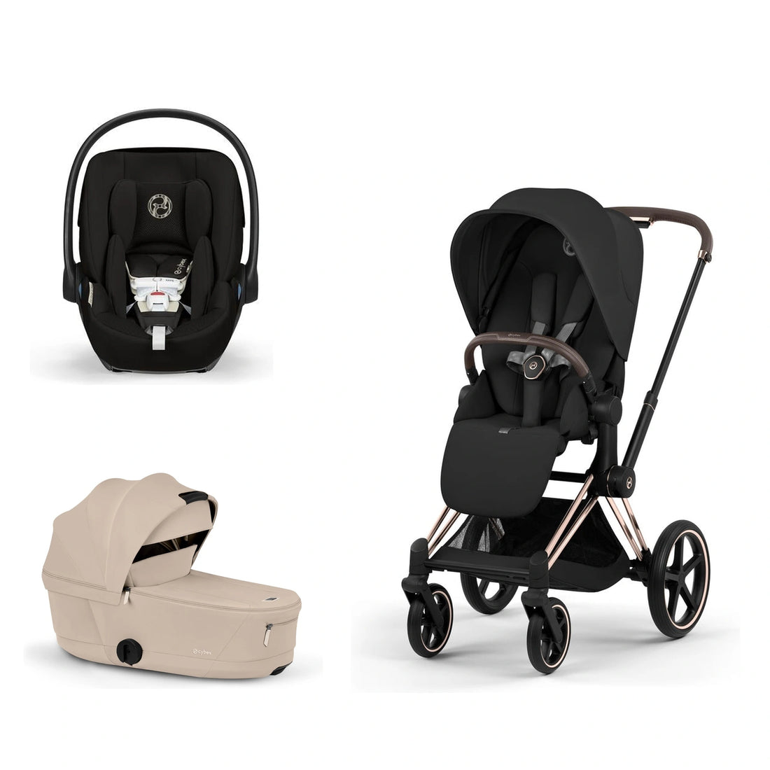 CYBEX Priam 5 Rose Gold / Sepia Black Lux Seat, Cozy Beige Fold Lux Carry Cot and Moon Black Cloud G Pro bundle