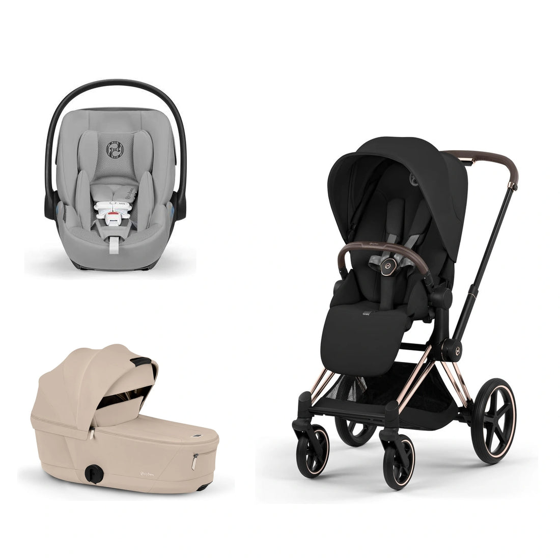 CYBEX Priam 5 Rose Gold / Sepia Black Lux Seat, Cozy Beige Fold Lux Carry Cot and Stone Grey Cloud G Pro bundle