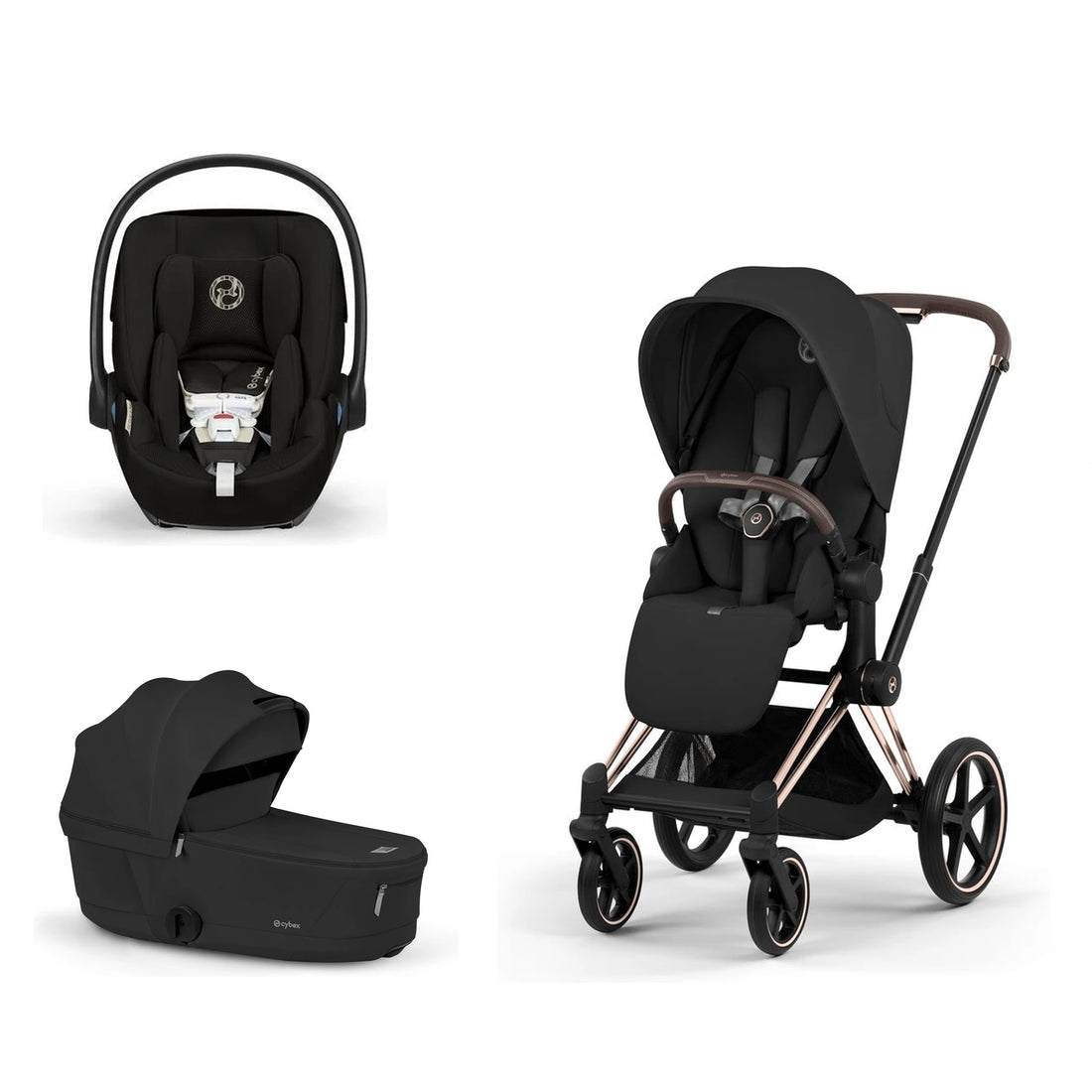 CYBEX Priam 5 Rose Gold / Sepia Black Lux Seat, Sepia Black Fold Lux Carry Cot and Moon Black Cloud G Pro bundle