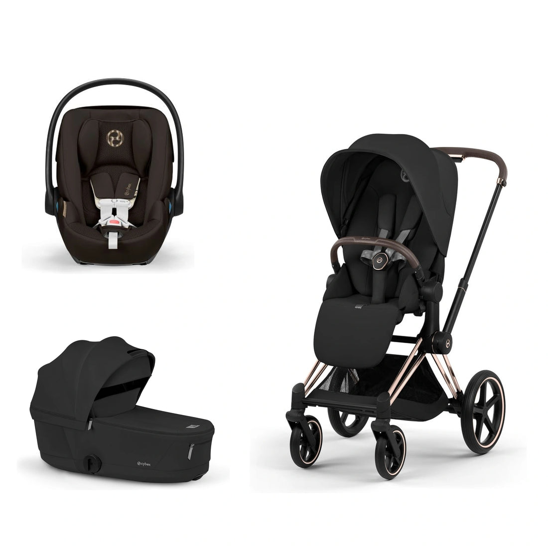 CYBEX Priam 5 Rose Gold / Sepia Black Lux Seat, Sepia Black Fold Lux Carry Cot and Chocolate Brown Cloud G Pro bundle